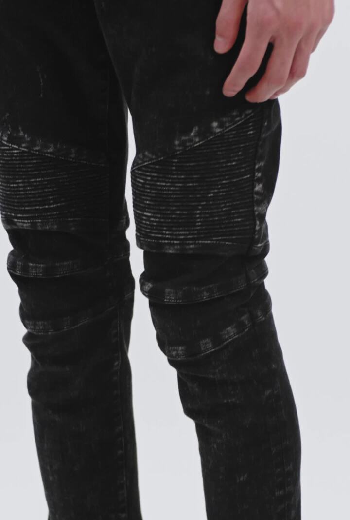 Skinny Fit Distressed Ribbed Leather Denim Jeans