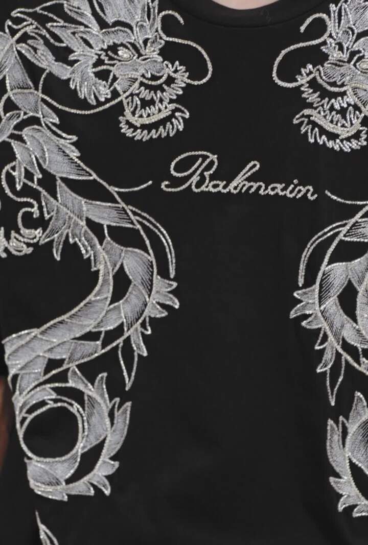 Embroidered Dragon T-shirt with rhinestones black - Men | BALMAIN